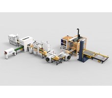 Dây chuyền dán thùng, đóng đai kết hợp quấn màng, xếp pallet tự đông hoàn toàn.