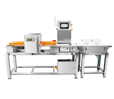 Máy cân kiểm tra tự động và máy dò kim loại băng tải với hệ thống loại bỏ sản phẩm lỗi.