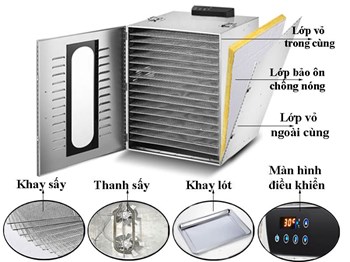 Máy sấy hoa quả, thực phẩm đa năng 16 khay 3 lớp inox