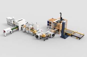 Dây chuyền dán thùng, đóng đai kết hợp quấn màng, xếp pallet tự đông hoàn toàn