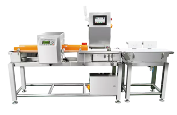 Máy cân kiểm tra tự động và máy dò kim loại băng tải với hệ thống loại bỏ sản phẩm lỗi.